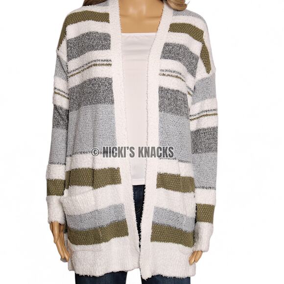 Stitch Fix Fuzzy Cardigan Sweater Green Gray White Striped Open Front Size XS - Picture 3 of 12